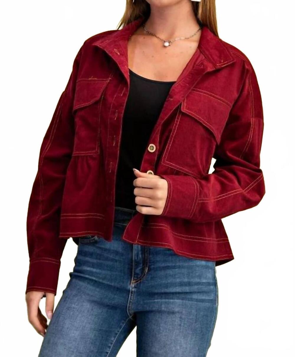 NEW GIGIO corduroy babydoll style button up jacket in burgundy